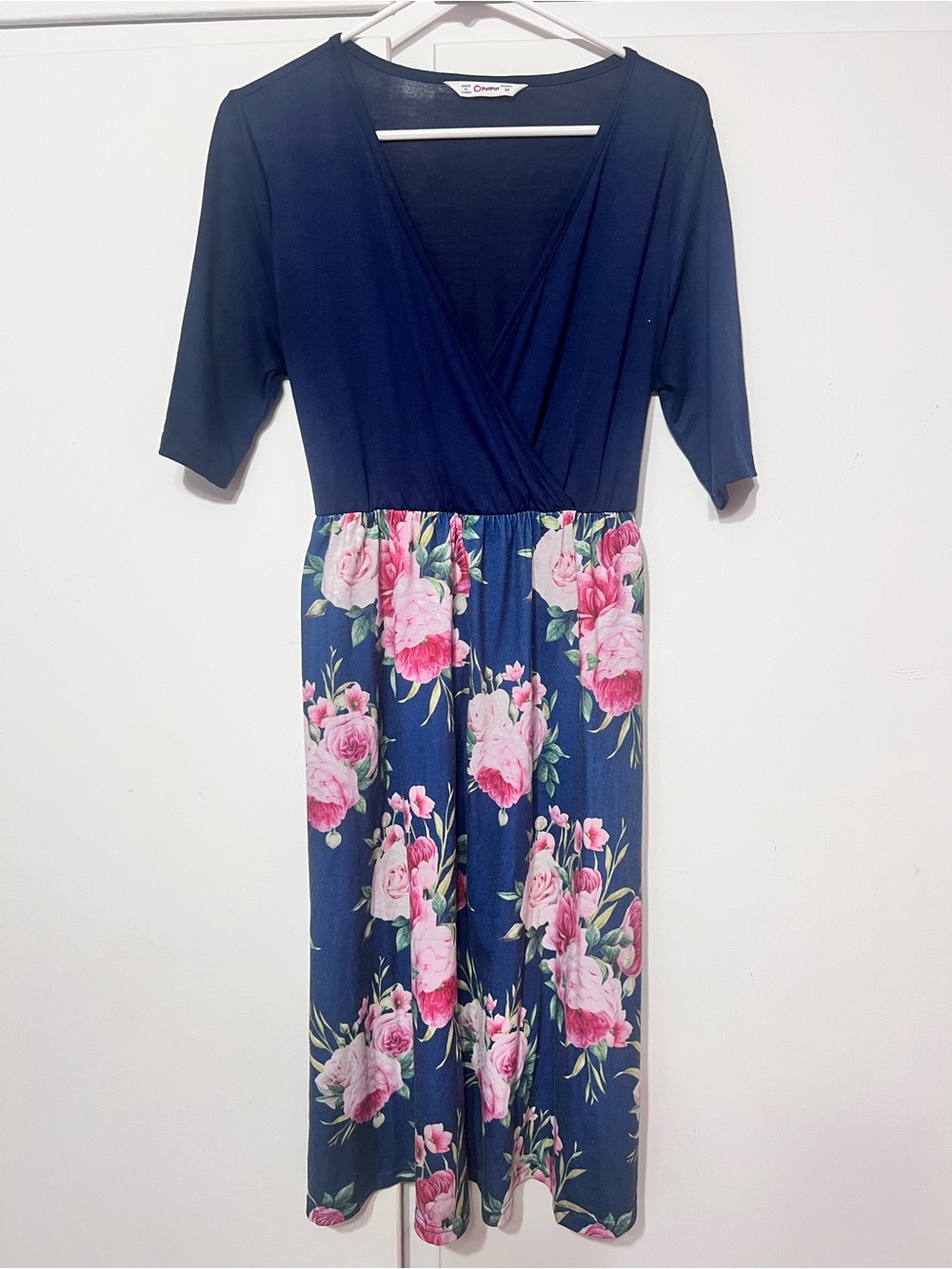 PatPat Navy Midi Dress with Pink Floral Skirt and Wrap Bodice